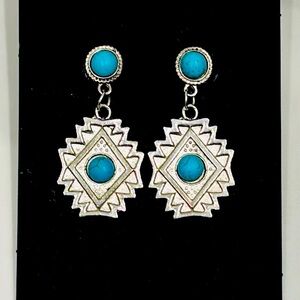 Silver and Faux Turquoise Geometric Drop Earrings